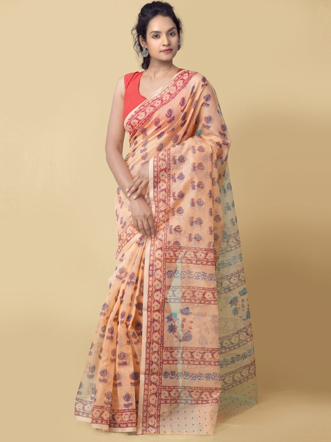 

Unnati Silks Peach-Coloured & Maroon Floral Silk Cotton Patola Saree