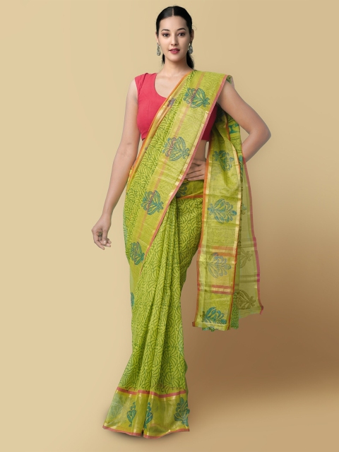 

Unnati Silks Green & Pink Floral Zari Kota Saree