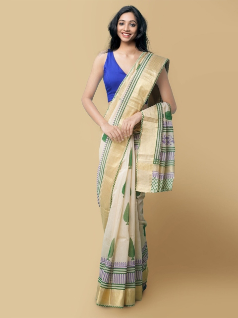 

Unnati Silks Cream-Coloured & Green Woven Design Silk Cotton Chanderi Saree