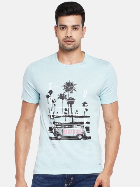 

People Men Turquoise Blue Black Printed Tropical Pure Cotton T-shirt