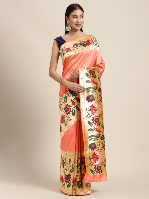 

Neerus Peach-Coloured Woven Design Zari Pure Silk Saree