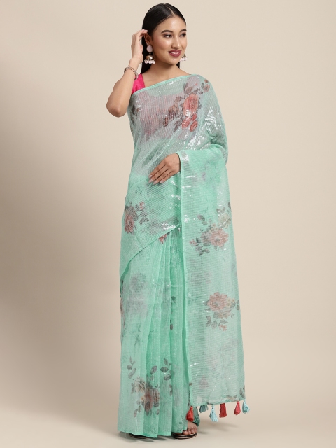

Neerus Blue & Red Floral Sequinned Organza Saree