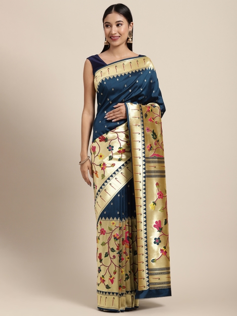 

Neerus Blue & Gold-Toned Ethnic Motifs Zari Pure Silk Saree