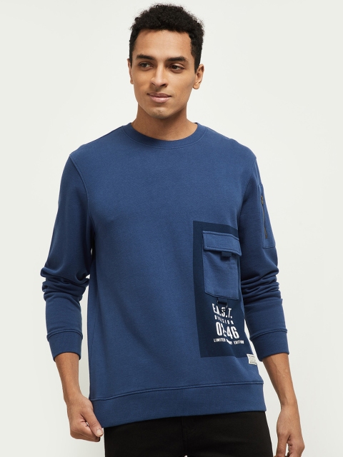 

max Men Blue & White Typography Printed Pure Cotton Sweatshirt