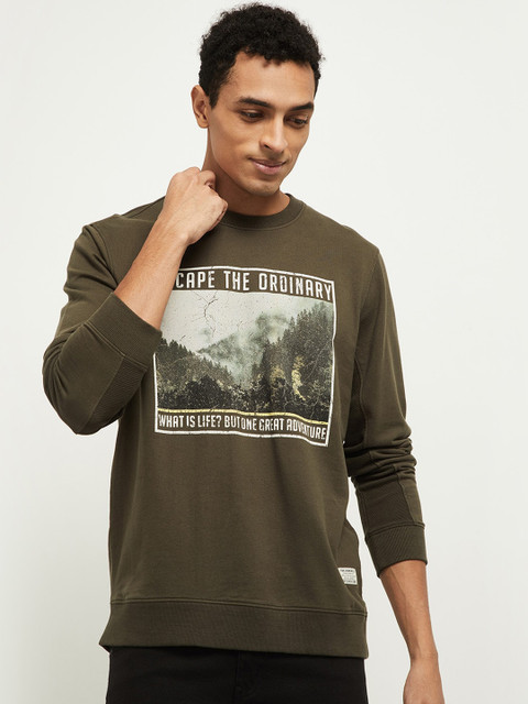 

max Men Green & White Printed Pure Cotton Sweatshirt