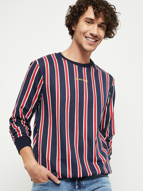 

max Men Navy Blue & Red Striped Pure Cotton Sweatshirt
