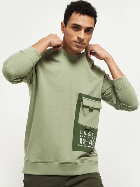 

max Men Green Printed Pure Cotton Sweatshirt