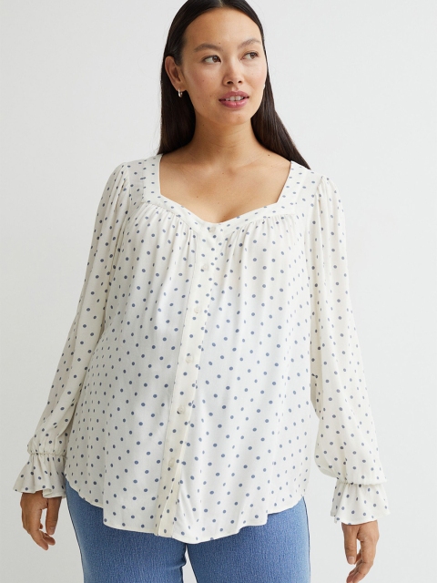 

H&M Women White & Grey Printed MAMA Sweetheart-Neck Blouse