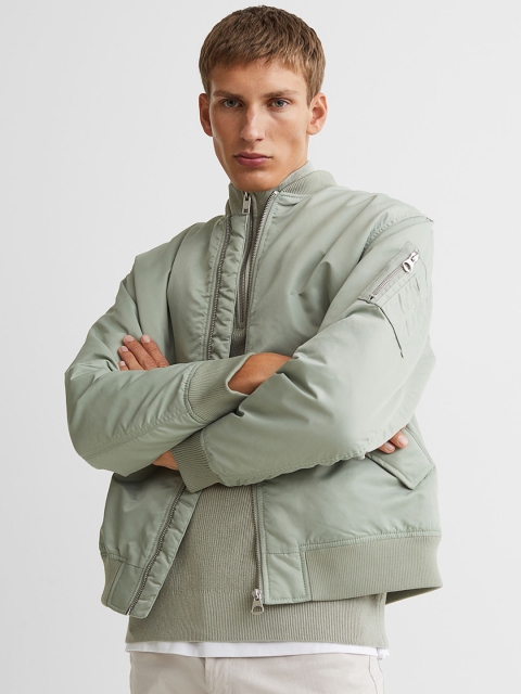 

H&M Men Green Solid Nylon Bomber Jacket
