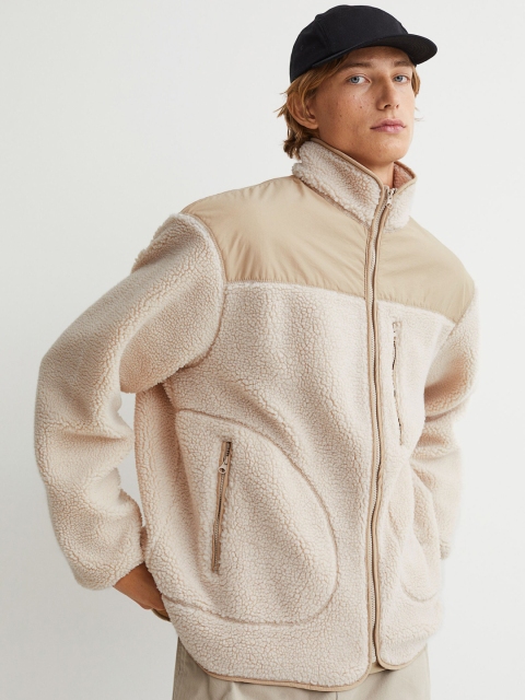 

H&M Men Beige Solid Faux Shearling Jacket