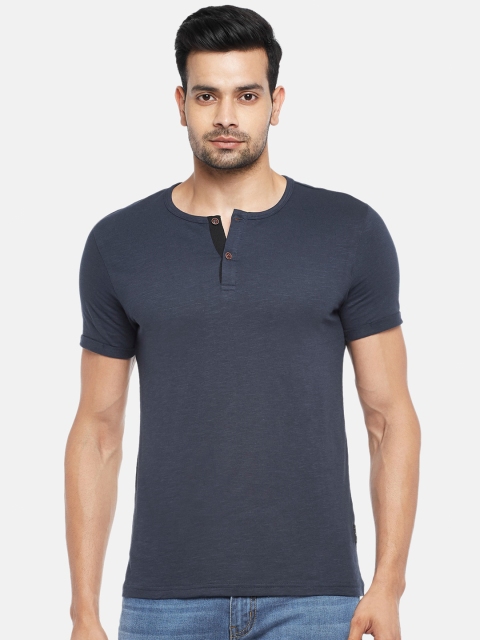 

People Men Navy Blue Henley Neck Pure Cotton T-shirt