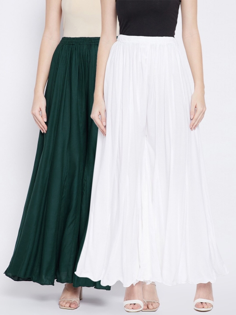 

TULIP 21 Women Pack Of 2 White & Green Solid Flared Palazzos