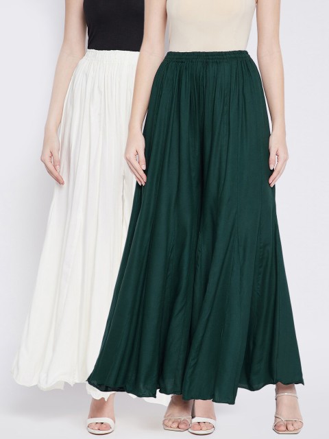 

TULIP 21 Women Off White & Green Pack of 2 Flared Palazzos