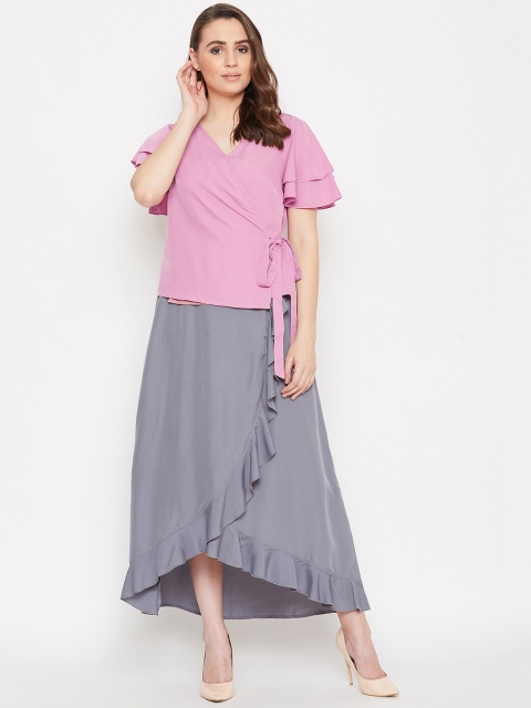 

Bitterlime Women Pink & Grey Top with Ruffled Skirt