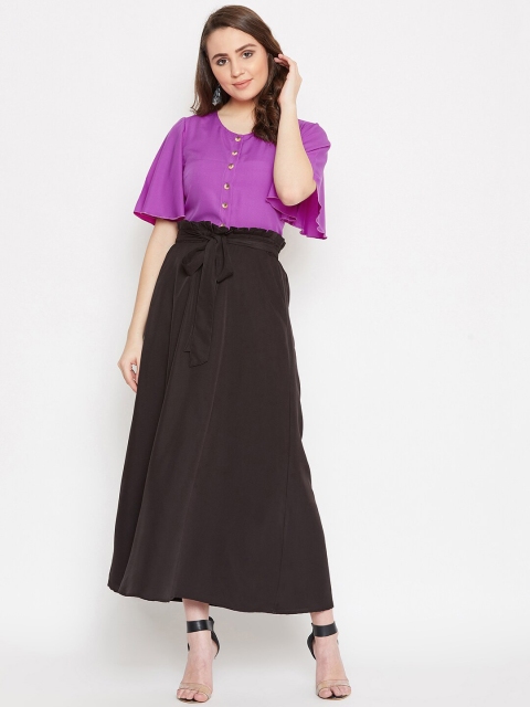 

Bitterlime Women Purple & Black Flutter Sleeves Top with Skirt
