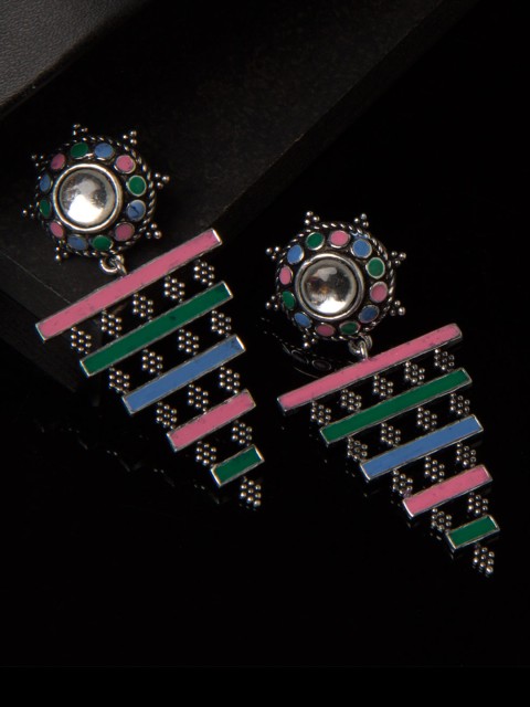 

Studio Voylla Folklore Silver-Toned & Pink Stone-Studded Drop Earrings