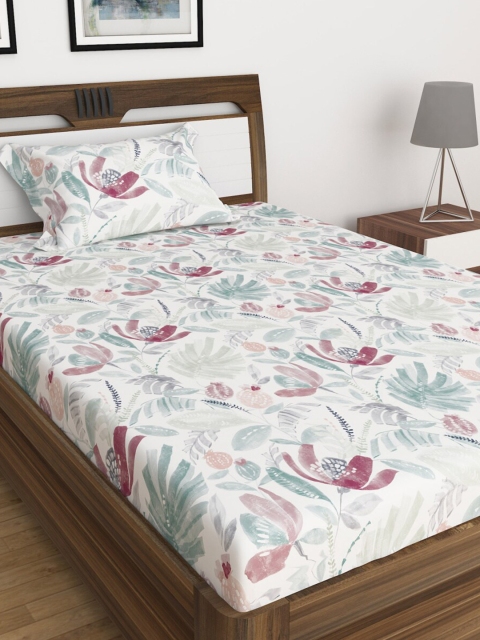 

Home Centre White & Teal Floral 104 TC Single Bedsheet with 1 Pillow Covers