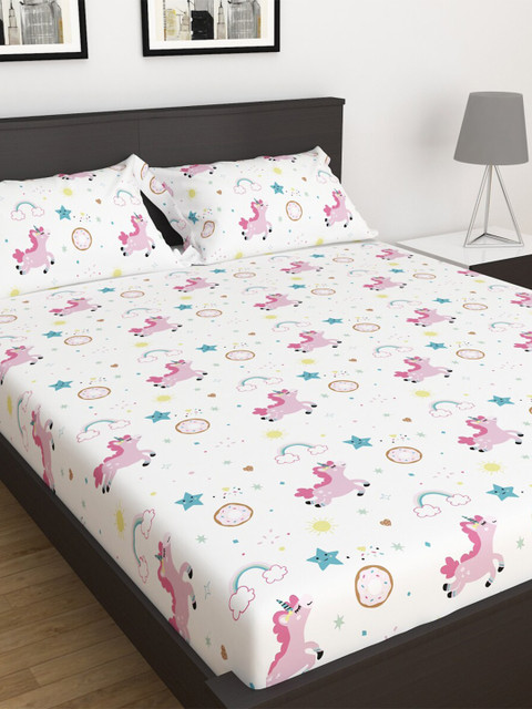 

Home Centre Pink & White Cartoon Characters 150 TC Queen Bedsheet with 2 Pillow Covers