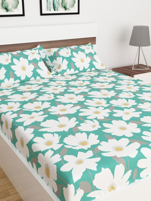 

Home Centre Teal & Yellow Floral 104 TC Queen Bedsheet with 2 Pillow Covers