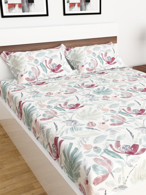 

Home Centre Teal & Maroon Floral Printed 104 TC Queen Bedsheet with 2 Pillow Covers Set
