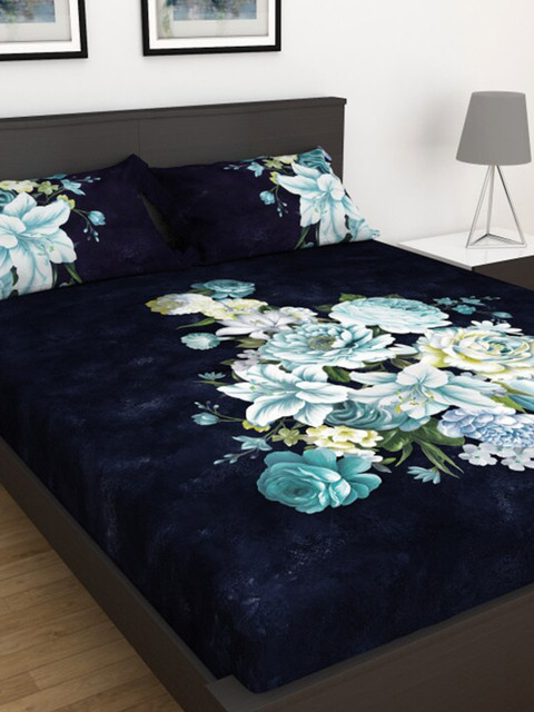

Home Centre Navy Blue & Green Floral Printed180 TC Queen Bedsheet with 2 Pillow Cover Set