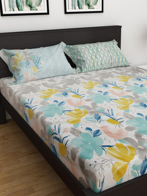 

Home Centre Blue & Pink Floral Printed 150 TC Queen Bedsheet with 2 Pillow Covers Set