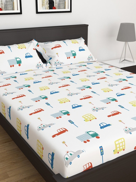

Home Centre White & Multicoloured Printed 150 TC Queen Bedsheet with 2 Pillow Cover Set