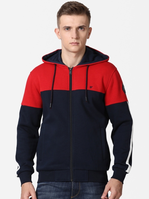 

t-base Men Red & Navy Blue Colourblocked Hooded Sweatshirt