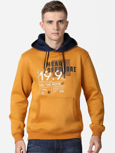 

t-base Men Mustard & Navy Blue Printed Hooded Sweatshirt
