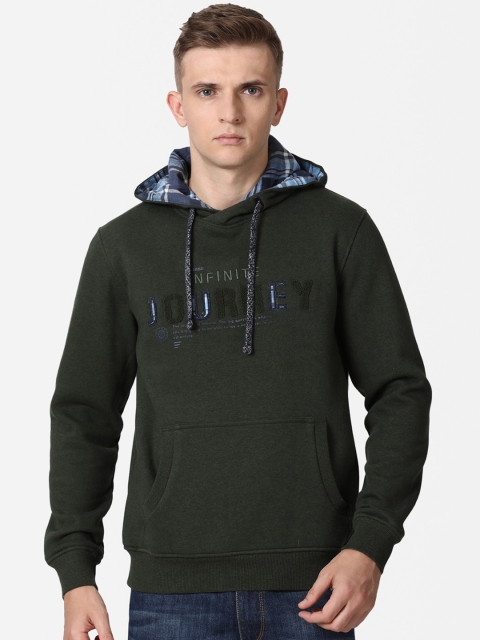 

t-base Men Olive Green Typography Printed Cotton Hooded Pullover Sweatshirt