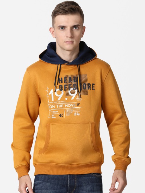 

t-base Men Yellow Alphanumeric Printed Cotton Hooded Pullover Sweatshirt