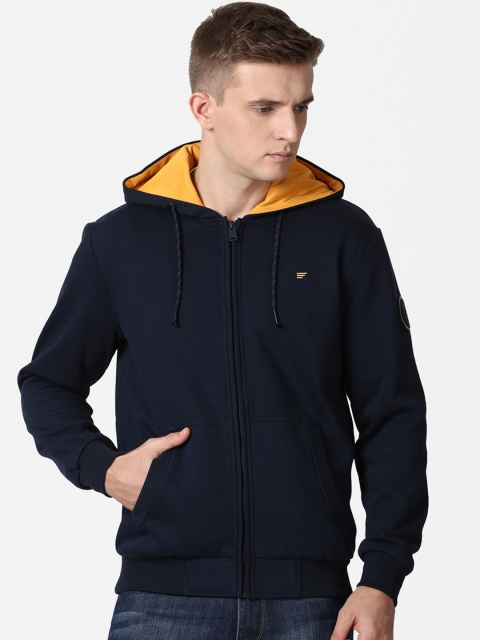 

t-base Men Navy Blue Cotton Hooded Front-Open Sweatshirt