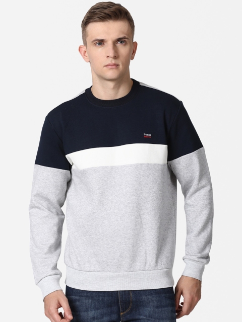 

t-base Men Navy Blue & Grey Colourblocked Cotton Pullover Sweatshirt