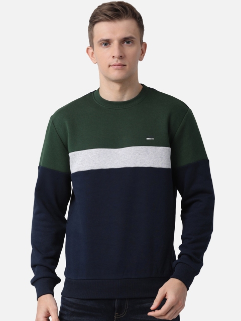 

t-base Men Green & Navy Blue Colourblocked Cotton Pullover Sweatshirt