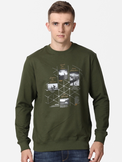 

t-base Men Olive Green Graphic Printed Pullover Sweatshirt