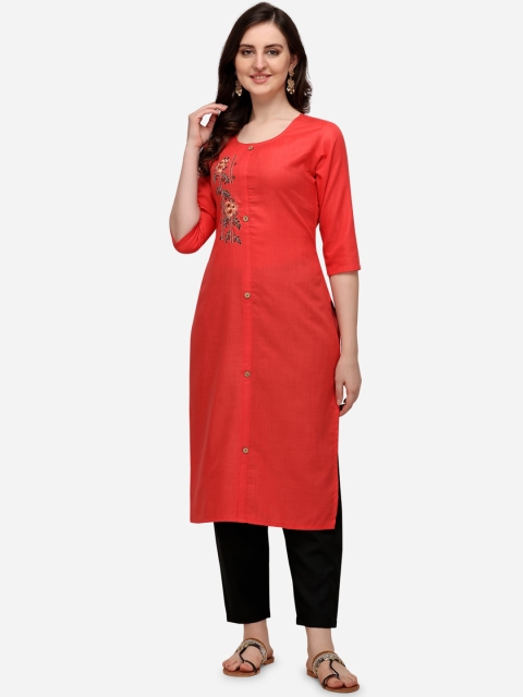 

SAADHVI Women Magenta Floral Embroidered Pure Cotton Straight Kurta