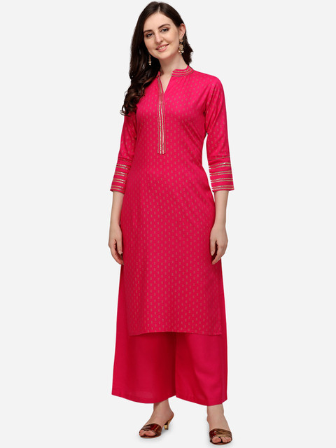 

SAADHVI Women Pink & Gold-Coloured Ethnic Motifs Foil Printed Gotta Patti Straight Kurta