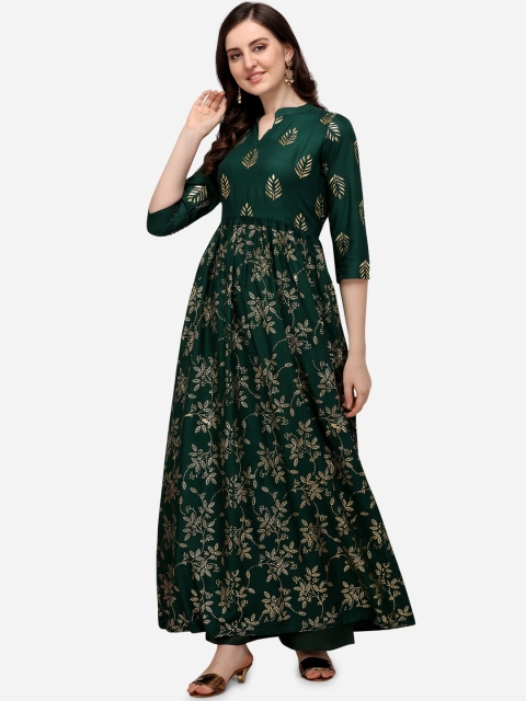 

SAADHVI Women Green & Gold-Toned Floral Foil Print Anarkali Kurta