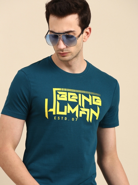

Being Human Men Blue Yellow Typography Printed Pure Cotton T-shirt