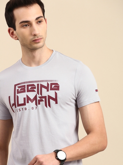 

Being Human Men Grey Maroon Brand Logo Printed Round Neck Pure Cotton T-shirt