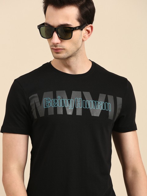 

Being Human Clothing Men Black Brand Logo Printed Round Neck Pure Cotton T-shirt