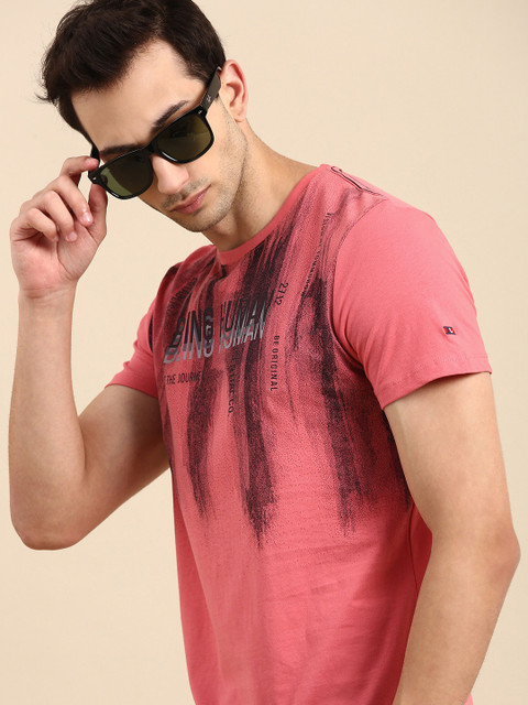 

Being Human Men Coral Pink Brand Logo Printed Pure Cotton T-shirt