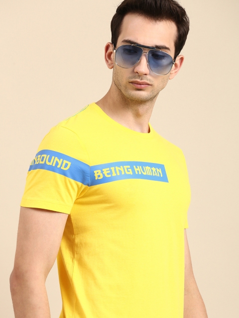 

Being Human Men Yellow Blue Brand Logo Printed Round Neck Pure Cotton T-shirt