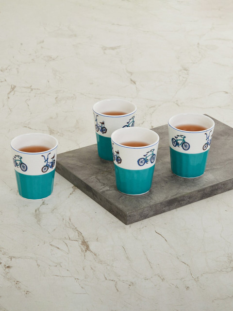

Home Centre Set of 4 Blue Printed Bone China Tumblers, Turquoise blue