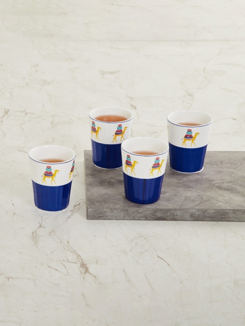 

Home Centre Set of 4 Blue Printed Bone China Chai Tumblers, Navy blue