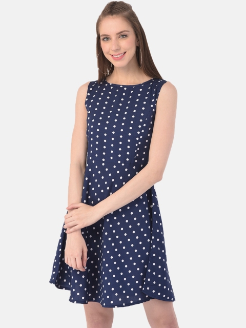 

Istyle Can Women Navy Blue & White Polka Dot Printed Crepe A-Line Mini Dress