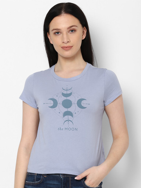 

AMERICAN EAGLE OUTFITTERS Women Blue & Green Printed Pure Cotton T-shirt