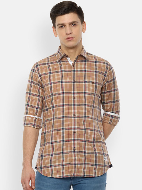 

VAN HEUSEN DENIM LABS Men Beige & Red Slim Fit Opaque Checked Casual Shirt