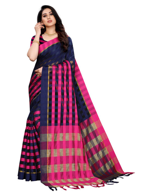 

KALINI Pink & Navy Blue Checked Saree