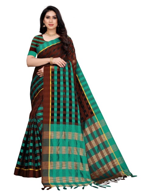 

KALINI Green & Brown Checked Saree